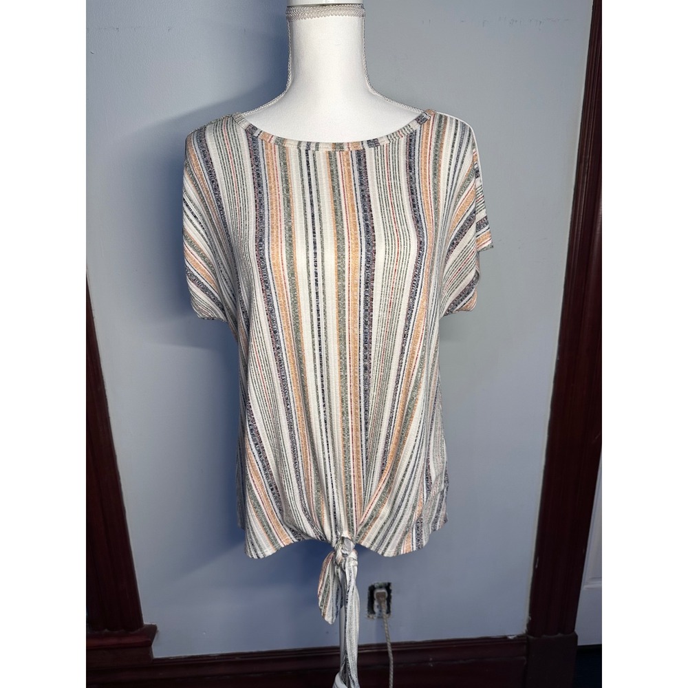 CURE. Womens Striped Front Tie Button Shoulder Knit Top M2-3329 Medium Multi